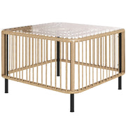 Tavolo da giardino in polietano; 65 x 65 x 43 cm; tavolino laterale impermeabile; tavolino quadrato da patio con piano da caffè in vetro; tavolo da balcone; mobili da giardino per giardino; terrazza; balcone in legno naturale