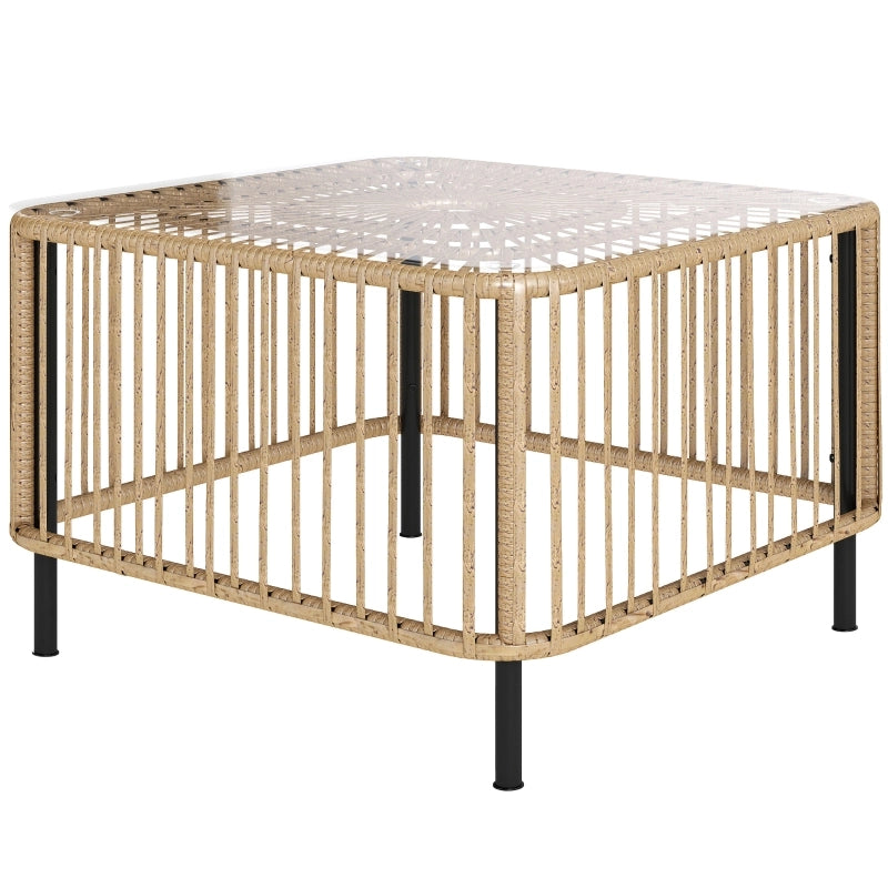 Tavolo da giardino in polietano; 65 x 65 x 43 cm; tavolino laterale impermeabile; tavolino quadrato da patio con piano da caffè in vetro; tavolo da balcone; mobili da giardino per giardino; terrazza; balcone in legno naturale