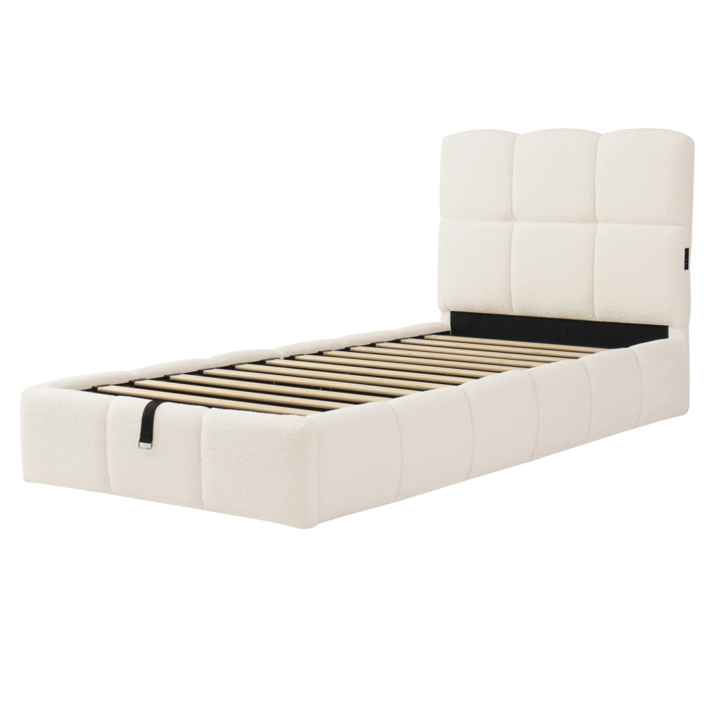 Letto singolo imbottito 90x200 cm con contenitore idraulico, rete a doghe, USB-C e rivestimento bouclé beige