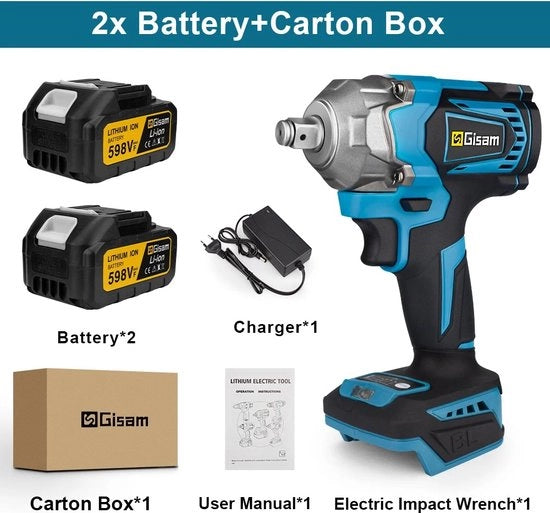 Chiave per martello elettrica - Chiave per martello elettrica con luce LED - Manico antiscivolo - 1200 W - Incluso: 2x Batteria, 1x Ricarica, 1x Accessorio di montaggio - Blu