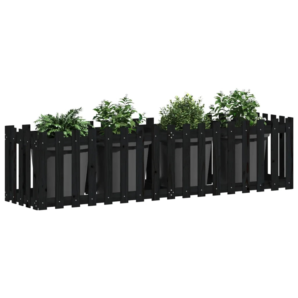 Fioriera Giardino a Recinzione-Vaso con Ringhiera-Contenitore per Piante Nera 200x50x50cm Massello Pino