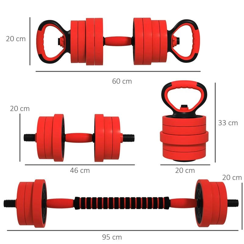 SET PESI DA PALESTRA 4 IN 1 DA 20KG CONVERTIBILE IN KETTLEBELL 2 MANUBRI BILANCIERE E SUPPORTO FLESSIONI ROSSO