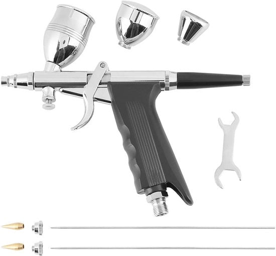 Set di pennelli ad aria - Prodotto per disegno a strati - Bocchette 0,3/0,5/0,8 mm - Tre misure di contenitore - Per modelli di colore/abiti in pelle - Spennellamento efficace - Pistola ad aria