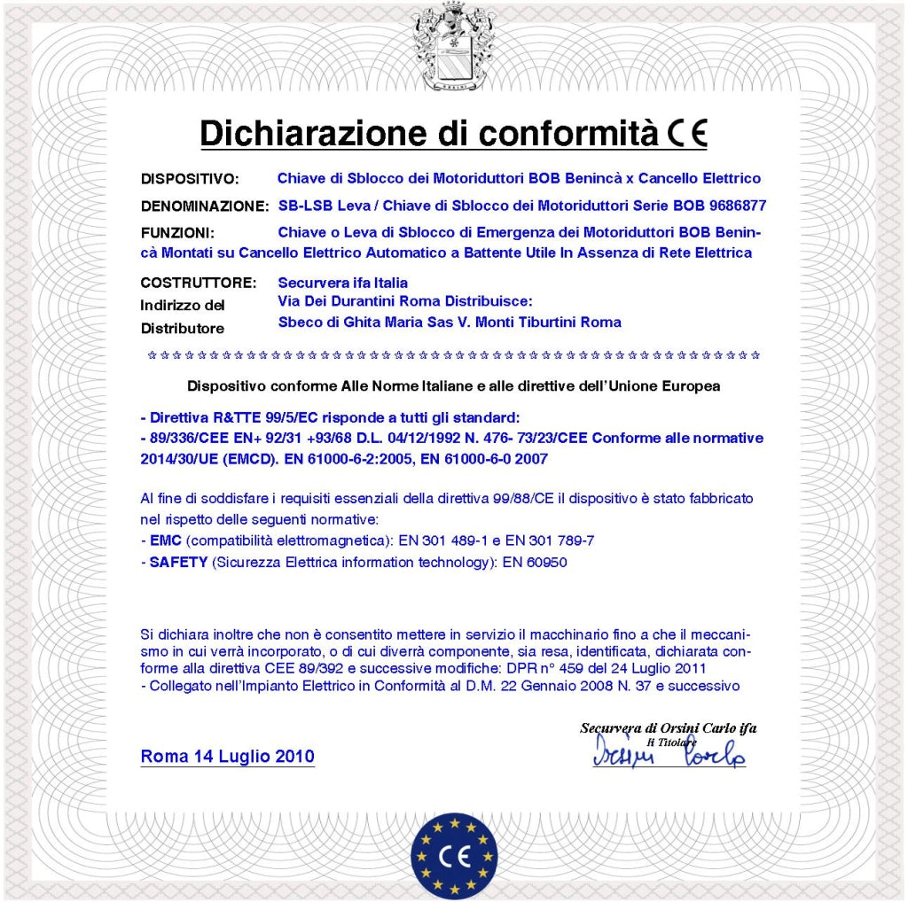 Leva 9686877 Chiave di Sblocco Emergenza del Motoriduttore BOB della Benincà Apre il Cancello in Mancanza di Rete Elettrica Costruita in Fusione di Alluminio Foro con Canali per l'Aggancio del Perno