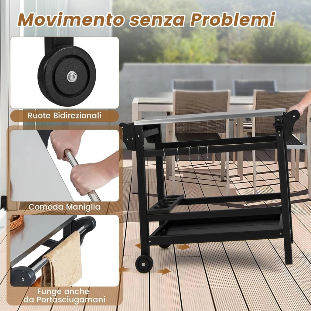 Carrello Barbecue da Esterno, Stand per Forno a Pizza con Piano in Acciaio Inox Vassoio e Portabottiglie, Tavolo per Preparazioni con Maniglia e Ruote per Cucina Giardino