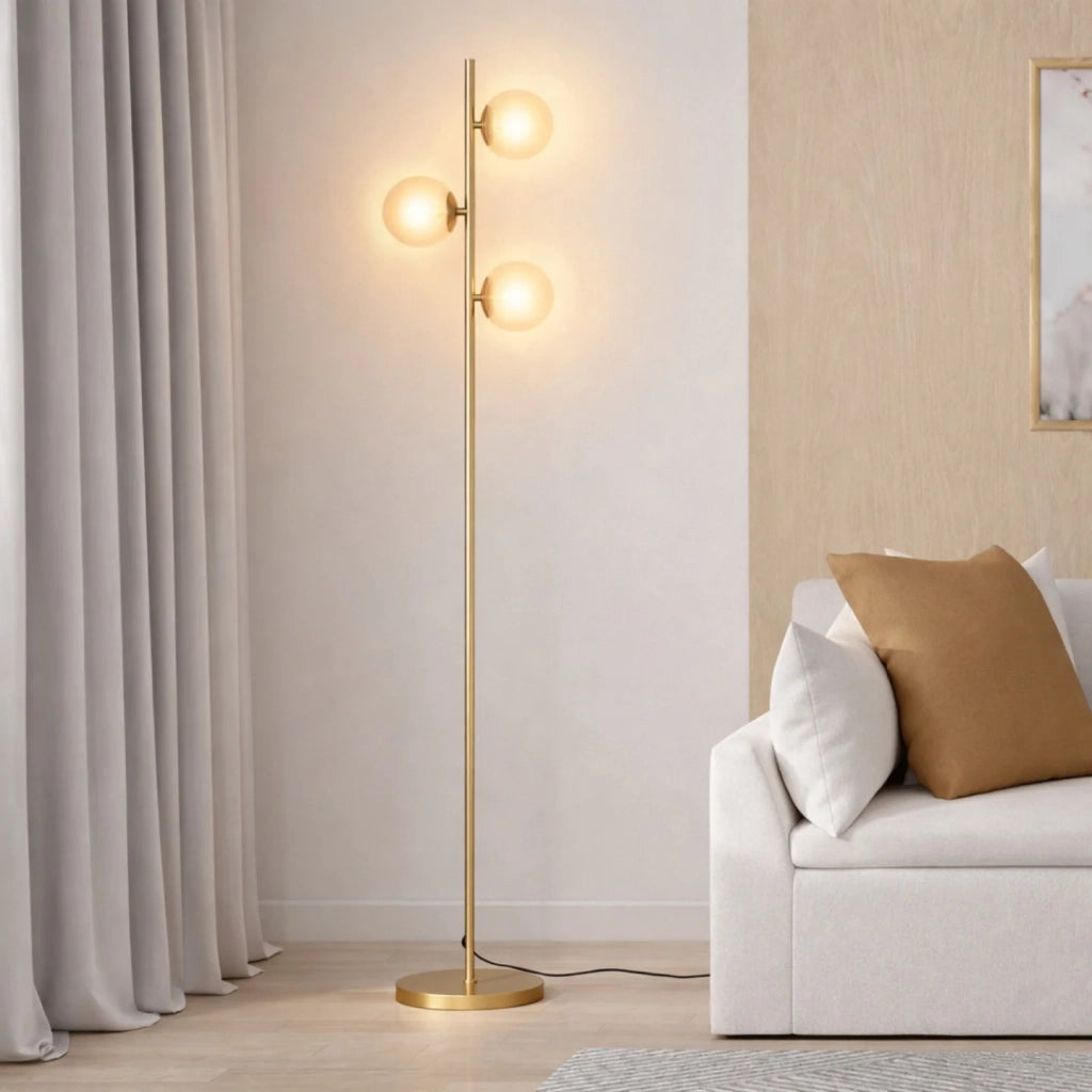 IDMarket - Lampada da terra in metallo dorato con 3 paralumi a globo in vetro