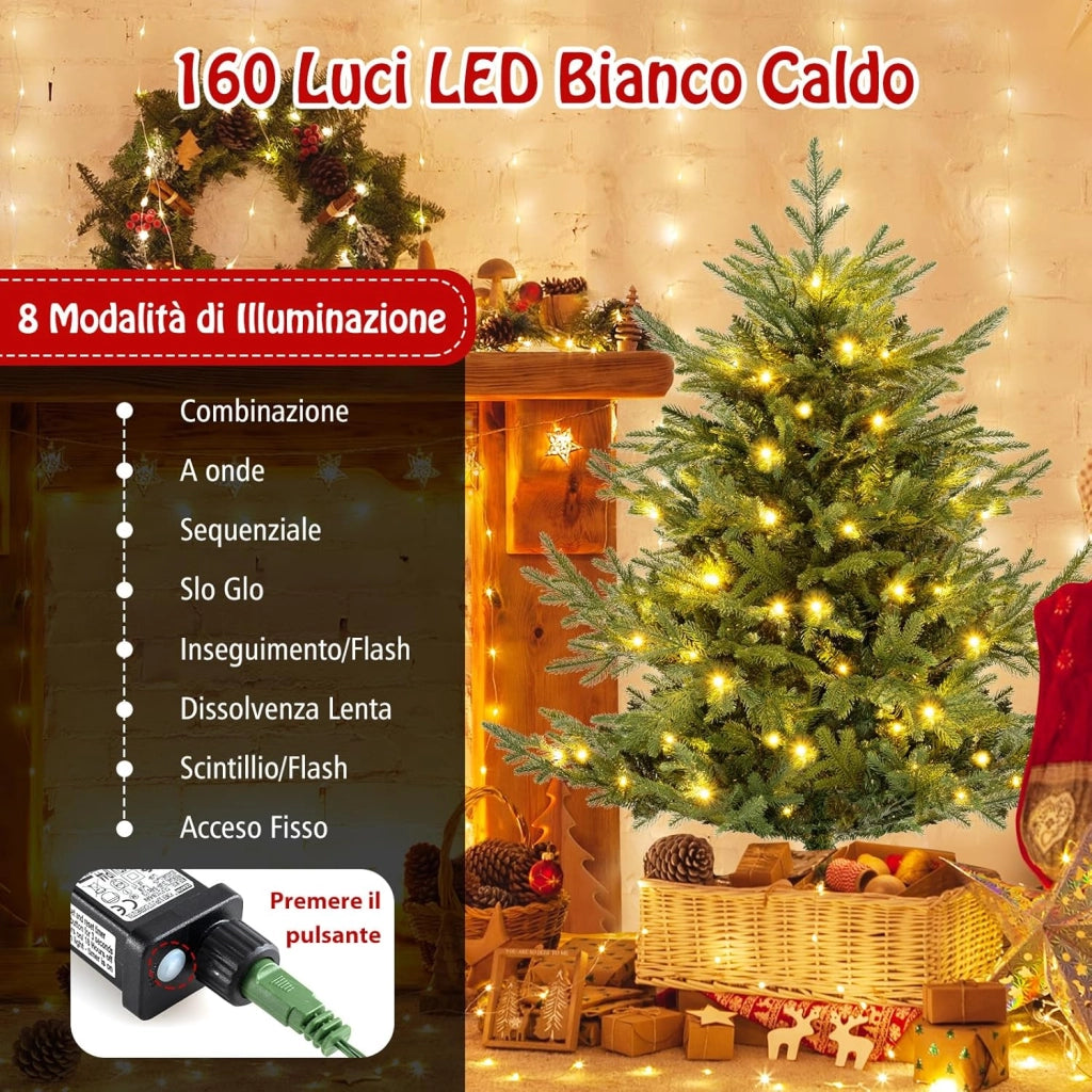Albero di Natale Artificiale 135/180 CM, Albero di Natale con 160/240 Luci LED Bianche Calde, 442/778 Punte di Rami e Foglie Miste in PE & PVC, Ideale per Casa e Ufficio (135 CM)