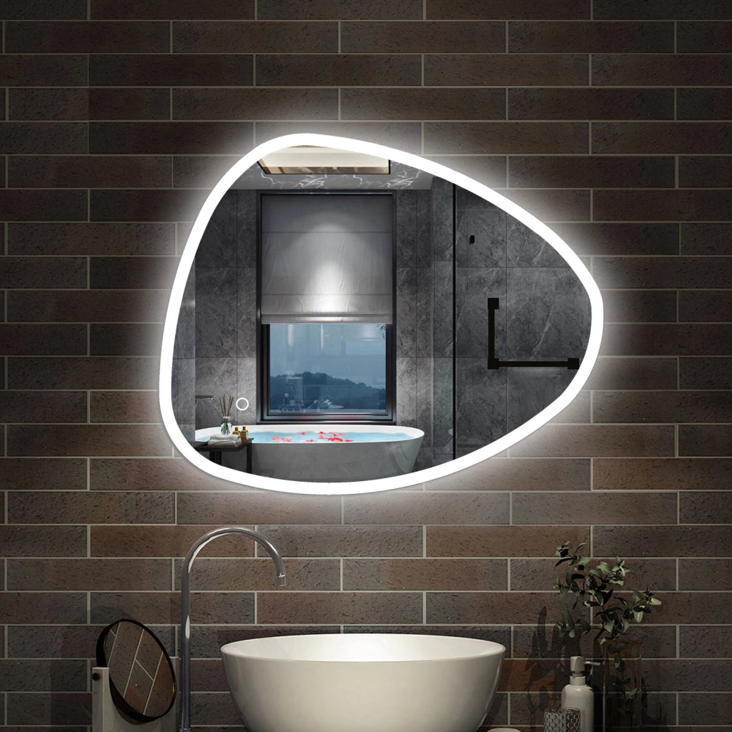 specchio forma irregolare 100x80 cm retroilluminato con luce a 3 colori, touch e pellicola antideflagrante