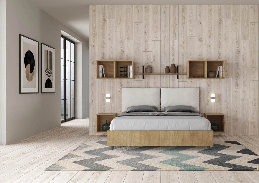 BS COM Letto matrimoniale senza rete 160x190 Quercia cuscini similpelle bianco