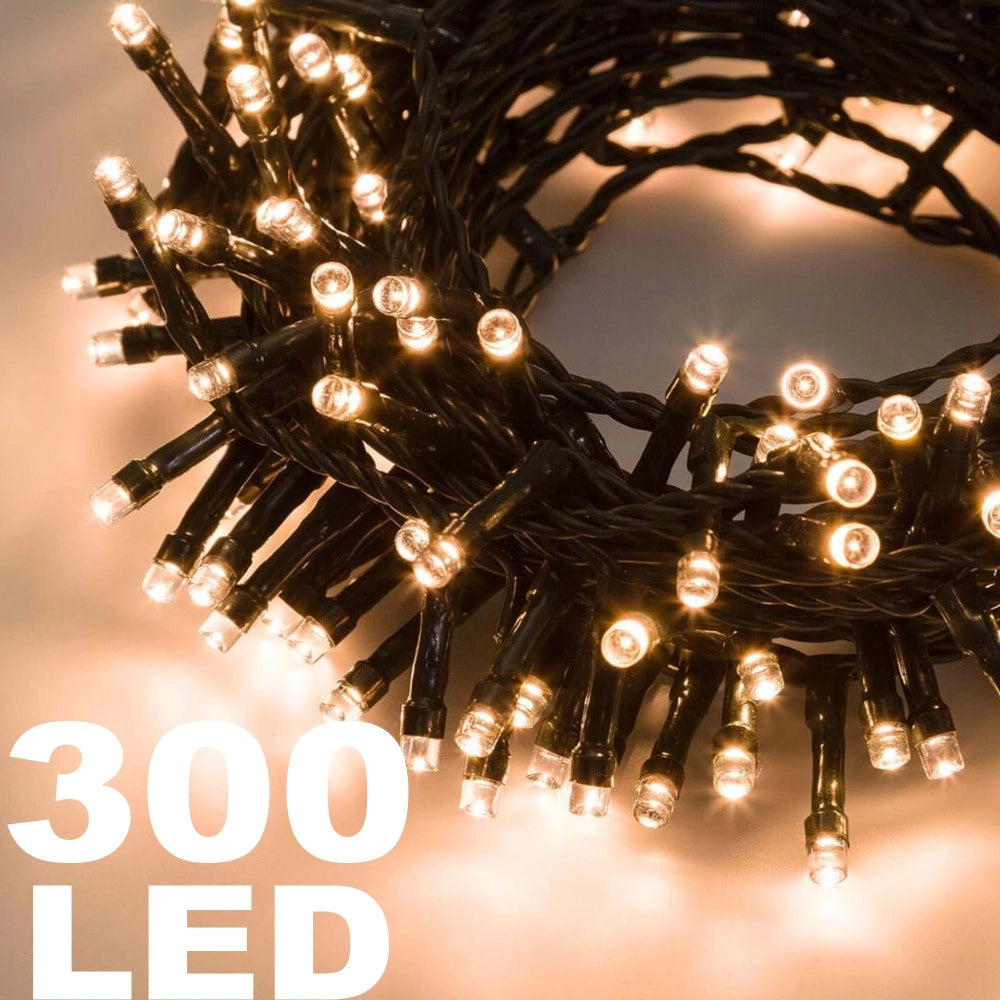 Trade Shop - Catena Luminosa 300 Led Bianco Caldo Uso Interno Con Controller 8 Funzioni -