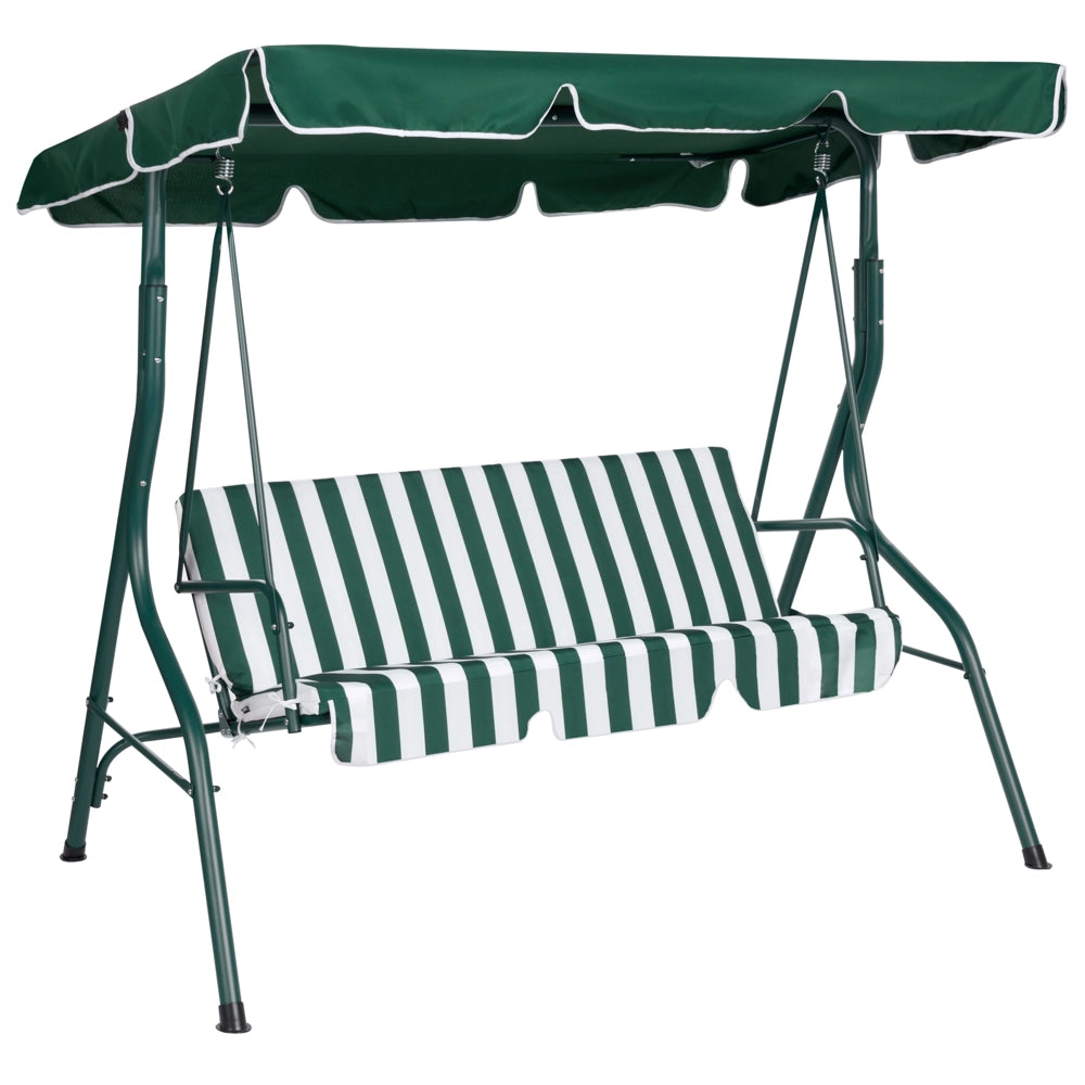 Altalena da giardino per patio con struttura in acciaio a rete a righe verdi a 3 posti con baldacchino