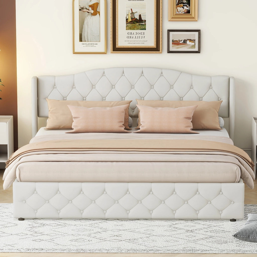 Letto contenitore matrimoniale 180 × 200 cm, sollevamento idraulico, senza materasso, rivestimento in lino beige
