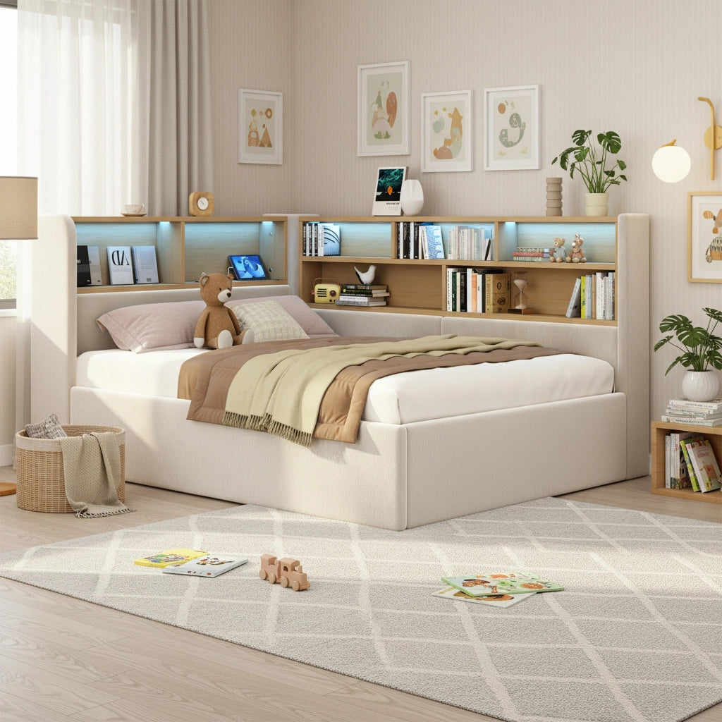 Letto a tracolla 90x200 cm Panca idraulica con testiera imbottita - con porte USB; illuminazione LED - velluto - beige