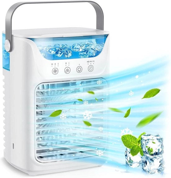 Condizionatore portatile 4 in 1 - condizionatore e raffreddatore d'aria portatile - umidificatore e ventilatore da tavolo - capacità di umidificazione 700 ml / 2 getti di nebbia fredda - 3 timer automatici - luce notturna a 7 colori.