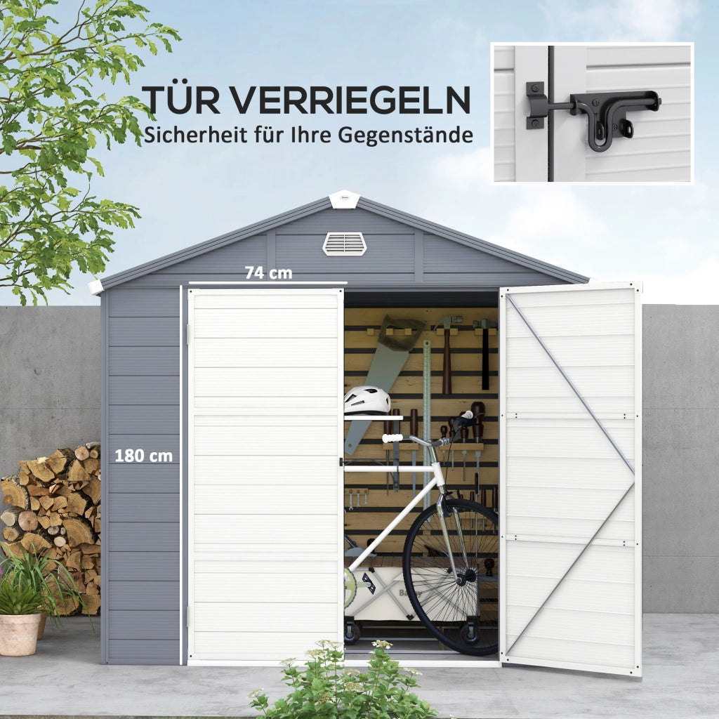 Capanno da giardino 4;1 m3; capanno da giardino con tetto monofango; 240 x 190 x 180/228 cm; capanno per attrezzi con porta chiudibile a chiave; finestra; garage per biciclette; armadietto in alluminio; per giardino; giardino; grigio