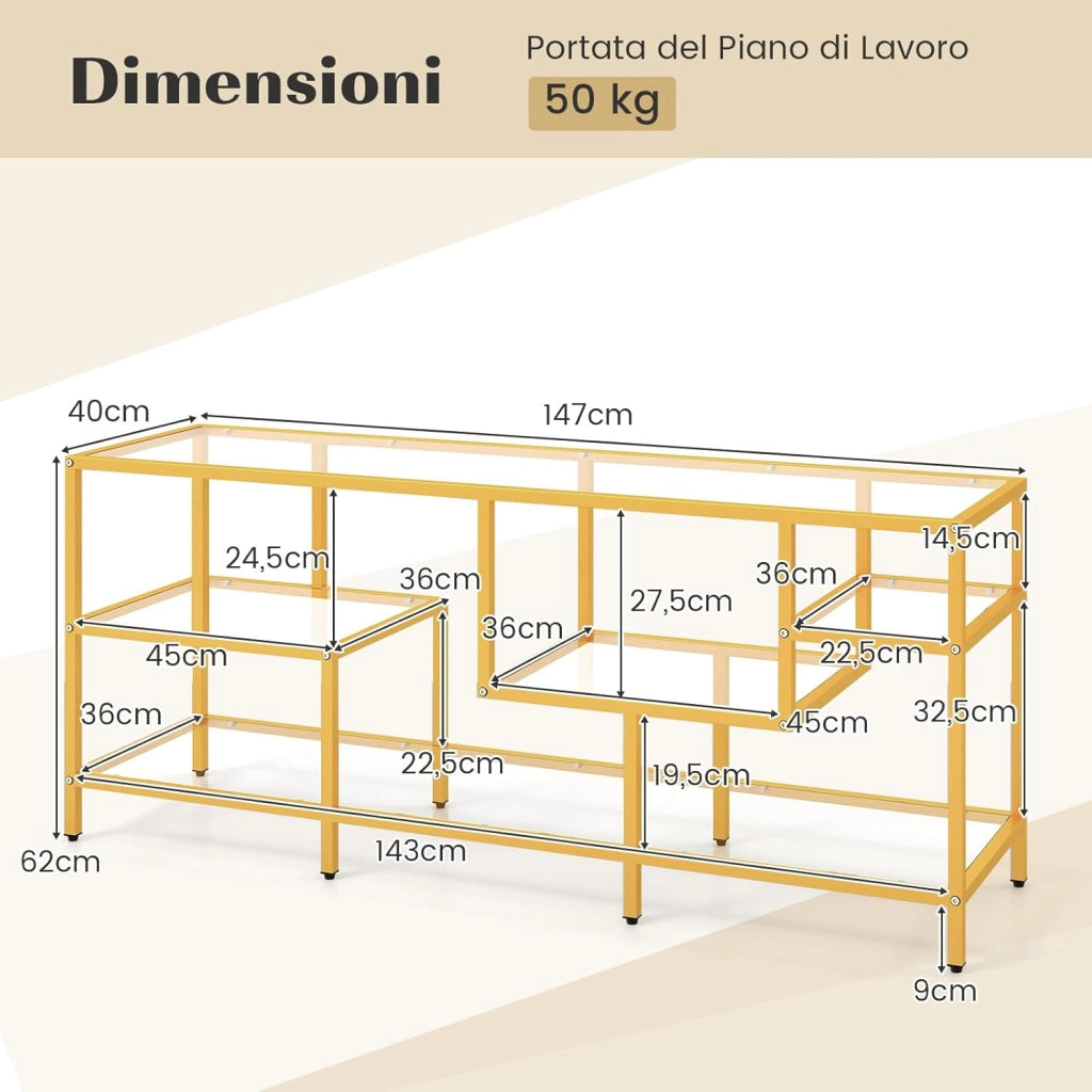 Mobile Porta TV fino a 65’’, Tavolo Consolle TV con Mensole in Vetro Temperato, Mobile TV con Struttura in Metallo, Supporto TV con Struttura in Metallo, per Soggiorno, Camera da Letto