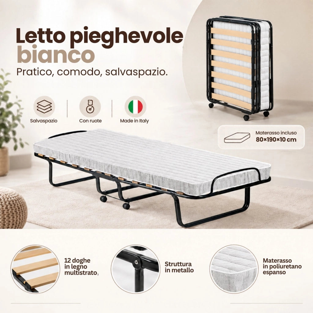 Letto pieghevole Tellus, Brandina con rete 12 doghe, Materasso incluso, Lettino salvaspazio, 100% Made in Italy, 80x190h37 cm, Custodia protettiva su richiesta