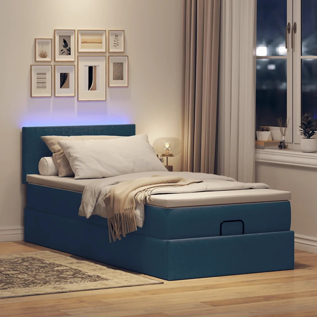 Pouf Letto con Materasso e LED Blu 90x200 cm in Tessuto