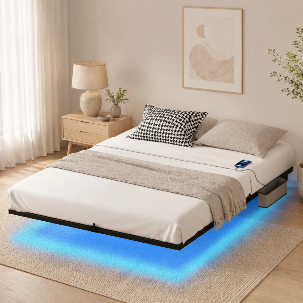 Letto sospeso 160x200x20 cm con LED e stazione di ricarica in acciaio nero