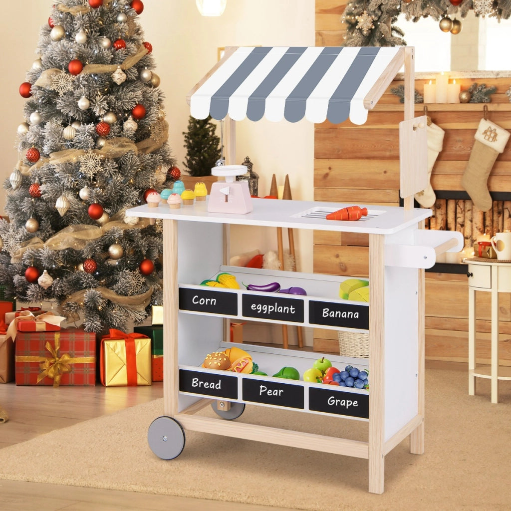 Carretto dei gelati con ripiani di legno per bambini +3 anni, Supermercato per bambini con 6 gelati giocattolo Bianco e Grigio-Cucine giocattoli