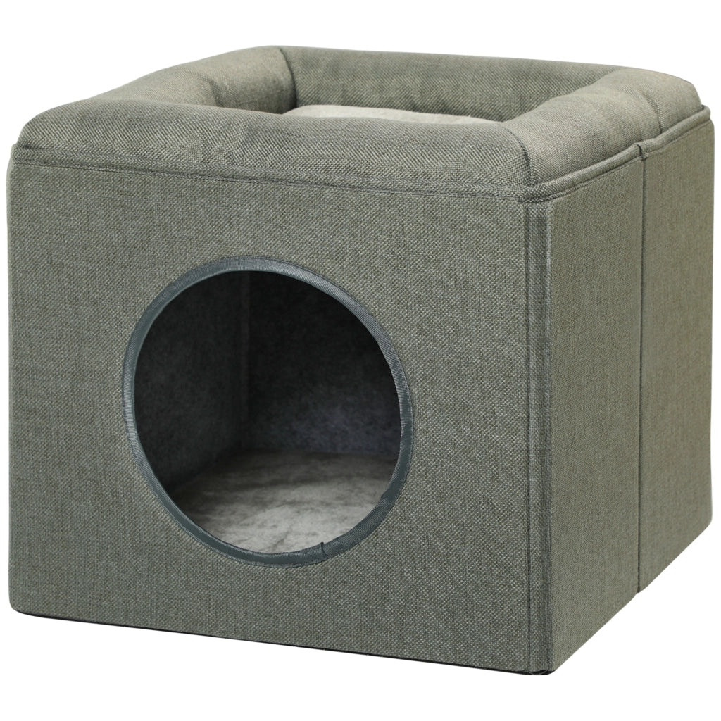 Casetta per Gatti a 2 Livelli con Cuscino in Peluche. in Legno. Poliestere e Plastica. 36.5x36.5x33 cm. Verde