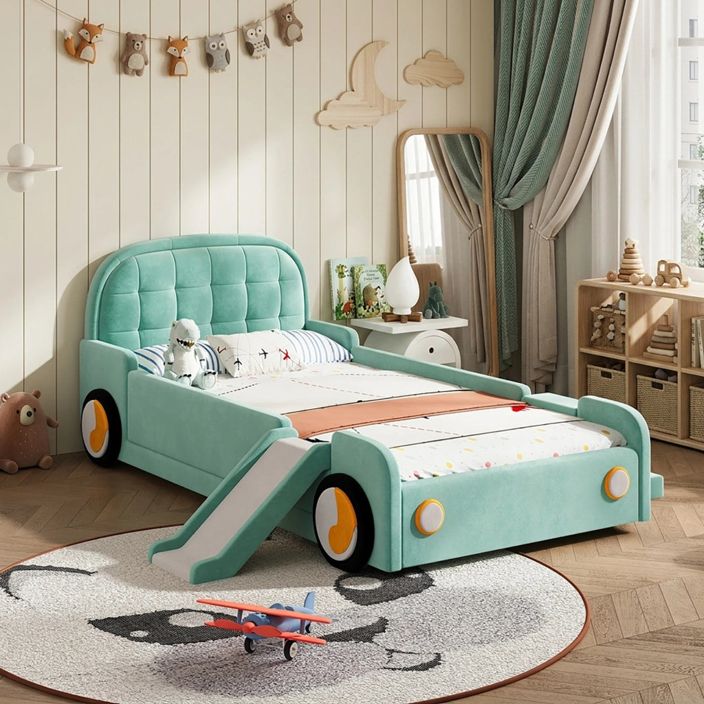 Letto per bambini a forma di auto con scivolo e scala reversibili; 90x200 cm; velluto blu-verde