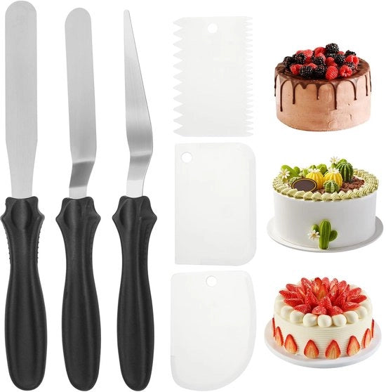 Set di Spatole per Torta in Acciaio Inossidabile - 6 pezzi - Manico Ergonomico - Decorazione Multifunzionale - Incluso Spatola in Plastica - Per Decorare Torte - Spatola per Torta