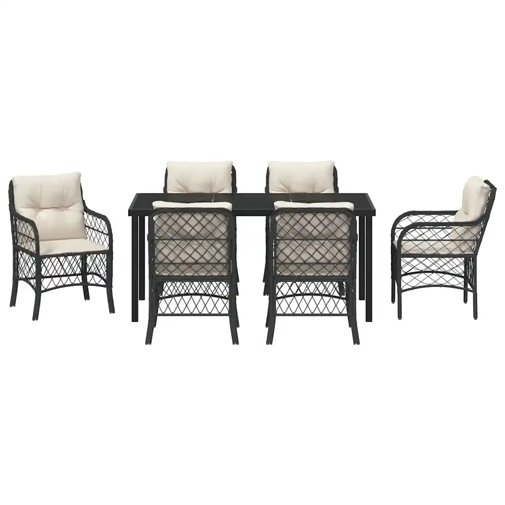 Set da Pranzo per Giardino con cuscino 7 pcs Nero polyrattan