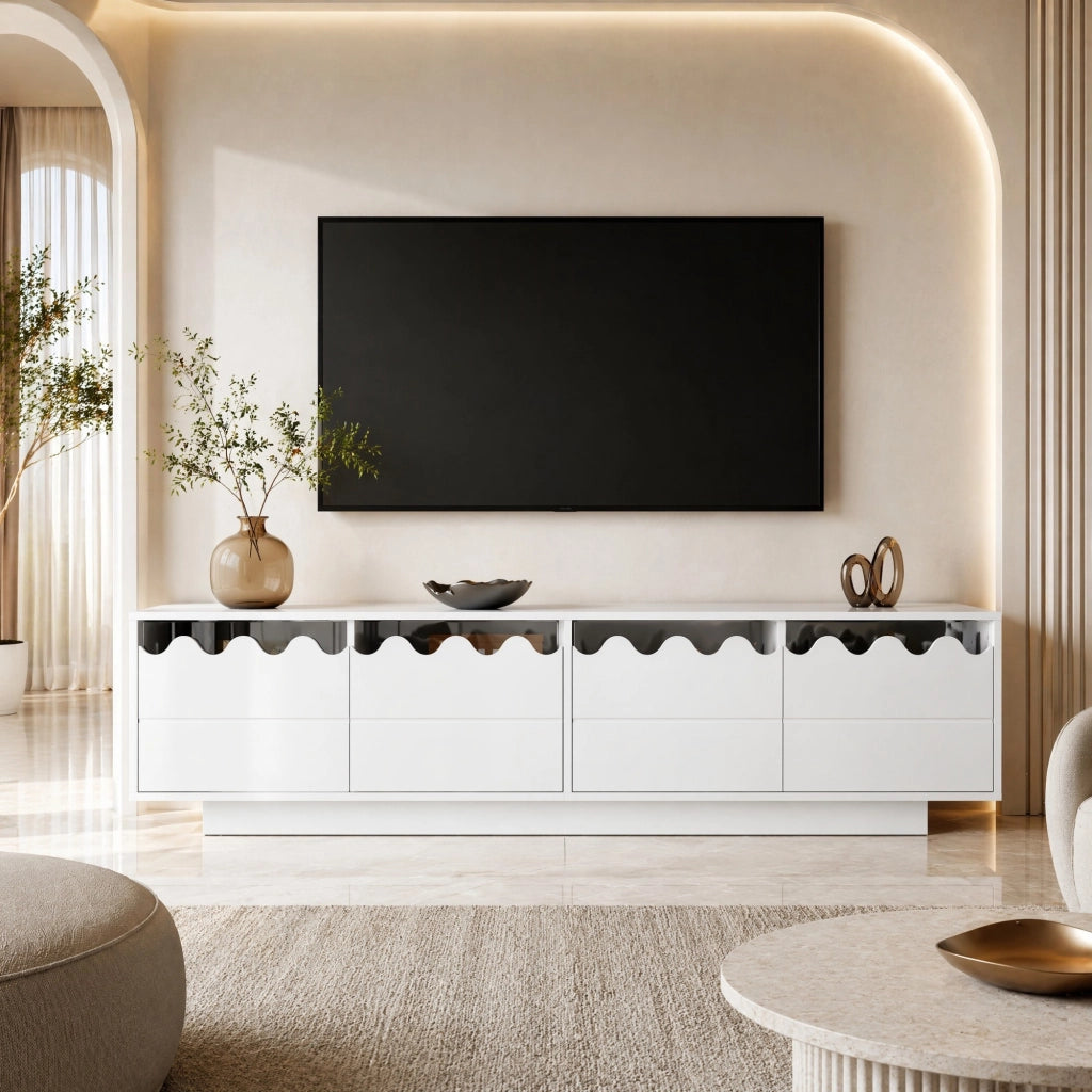 Mobile TV bianco 170 cm con 4 ante e design ondulato