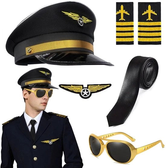 Kit di uniforme da pilota completo - Occhiali da volo - Cravatta - Cappello flessibile - Altezza regolabile - Etichetta ricamata - Accessori di uniforme