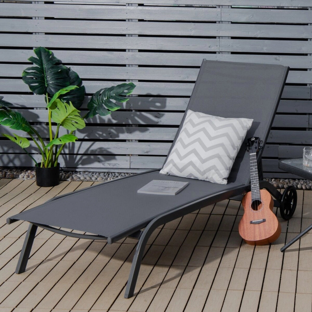 2*Chaise longue regolabile per cortile con ruote, Sedia a sdraio reclinabile in 6 posizioni da esterno Grigio
