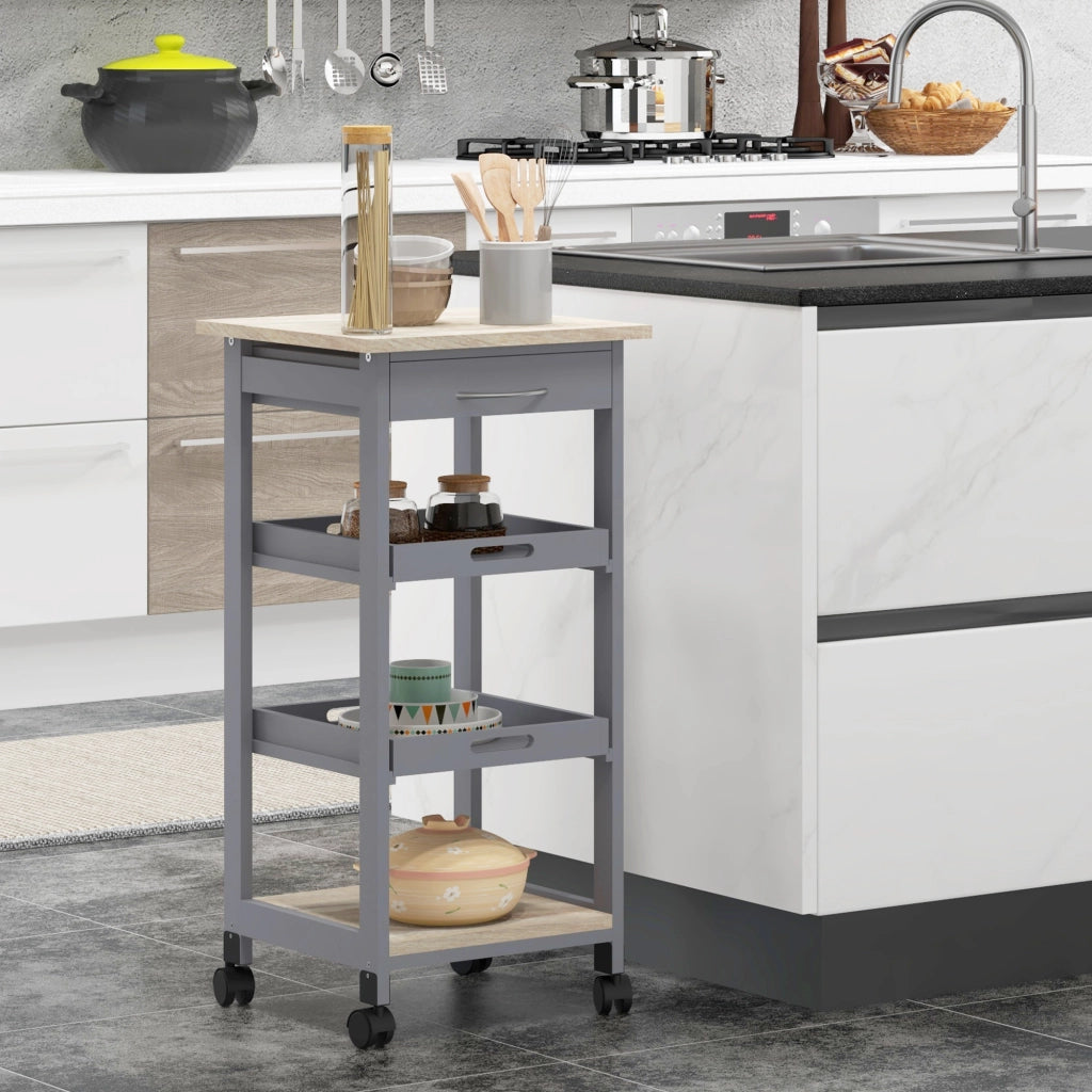 EasyComfort Carrello da Cucina con Cassetto, 2 Vassoi Estraibili e Ripiano Fisso, in Legno di Pino e MDF, 37x37x76 cm