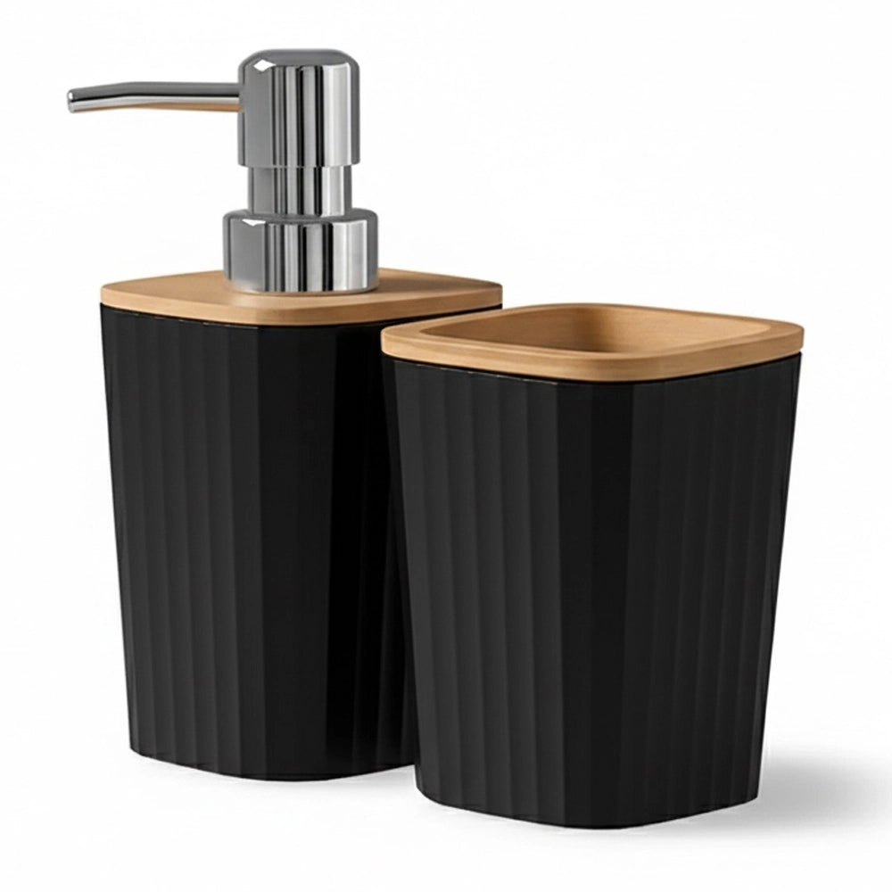 Set accessori bagno nero in plastica e bambù 5 pezzi – Show