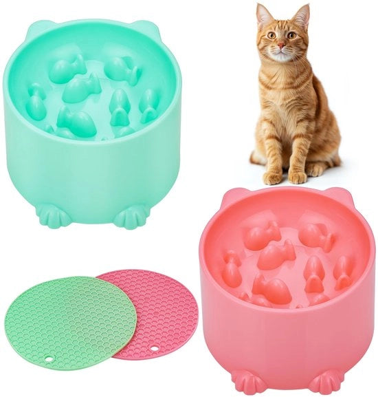 Piatto Alimentare Elevato - Antiscivolo e Ergonomico - Rosso e Verde - Alimentazione Lenta - Adatto per Gatti e Piccoli Animali di Compagnia