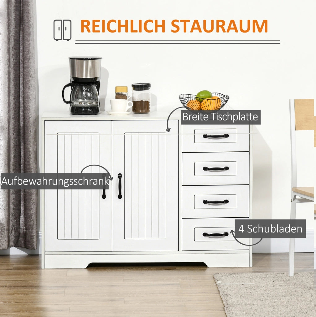 Credenza bianca con ripiano regolabile e 4 cassetti