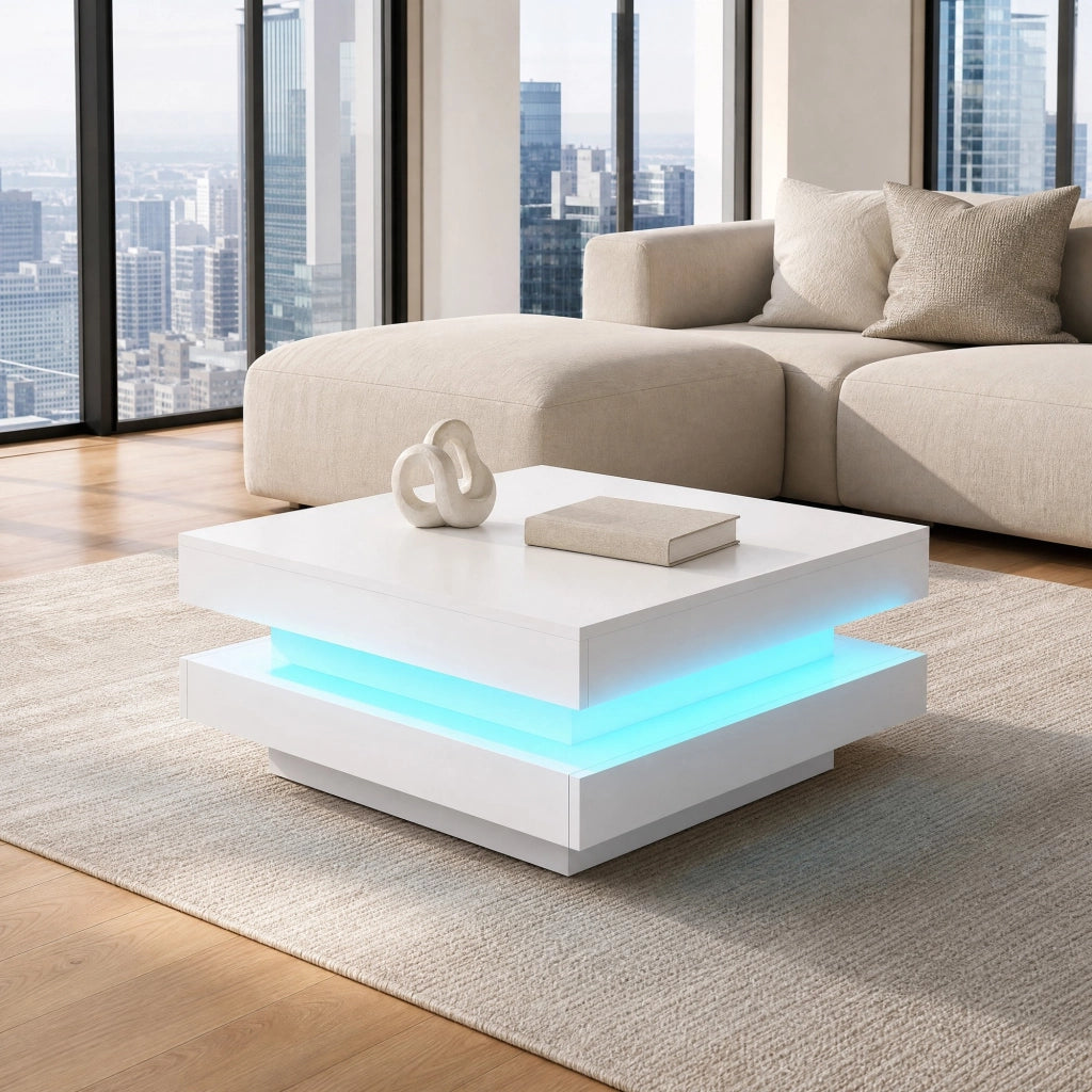 Tavolino da caffè bianco lucido con piano girevole a 360° e LED, 70x70x36 cm