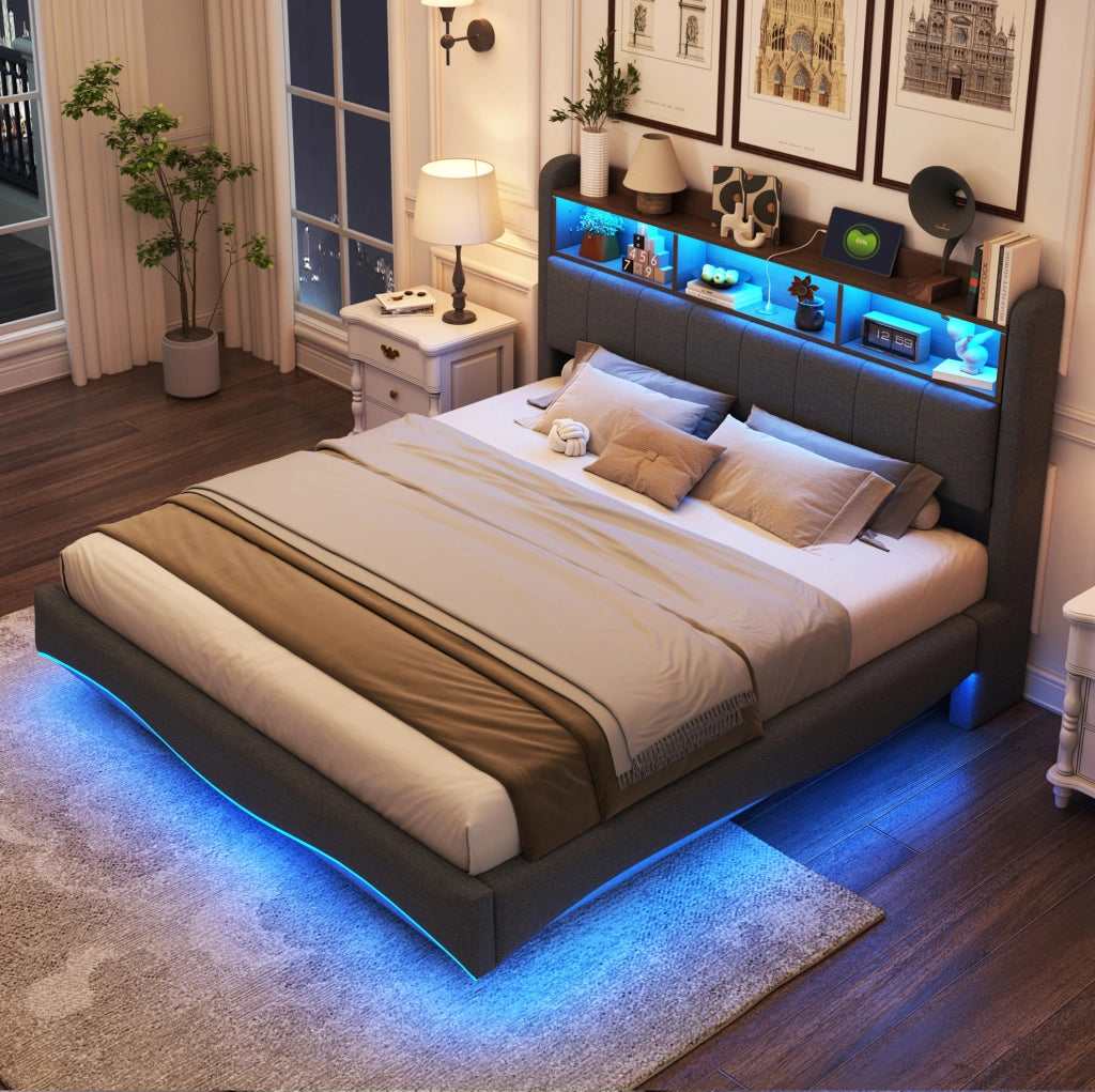 Letto imbottito sospeso 160 x 200 cm con LED, USB e Type-C grigio