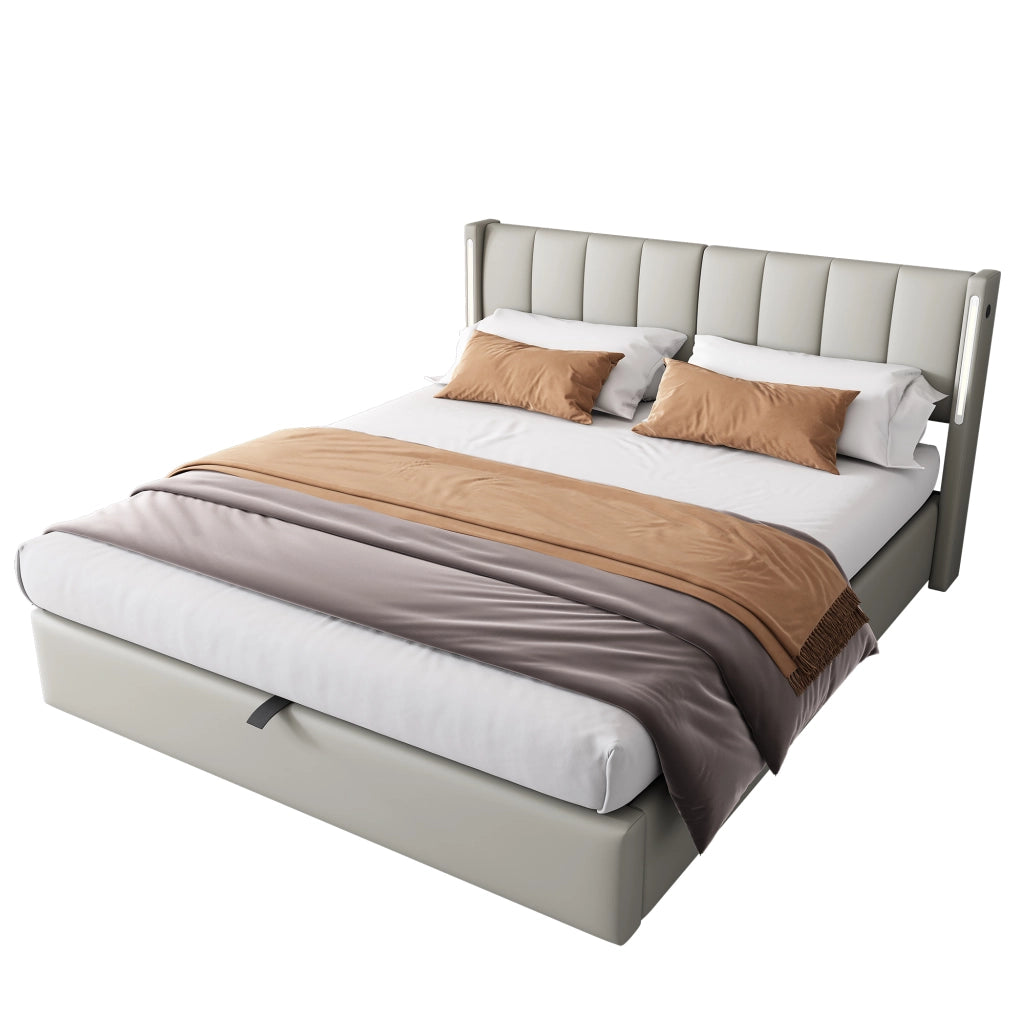Letto imbottito con LED, USB e contenitore 140 x 190 cm, PU grigio