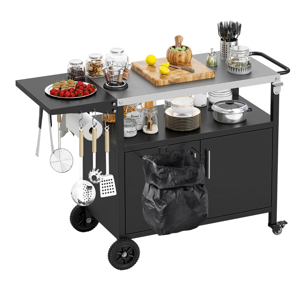 Carrello da griglia con ripostiglio da cucina da esterno con piano, Carrello da griglia e armadietto a 2 porte Nero-Carrelli