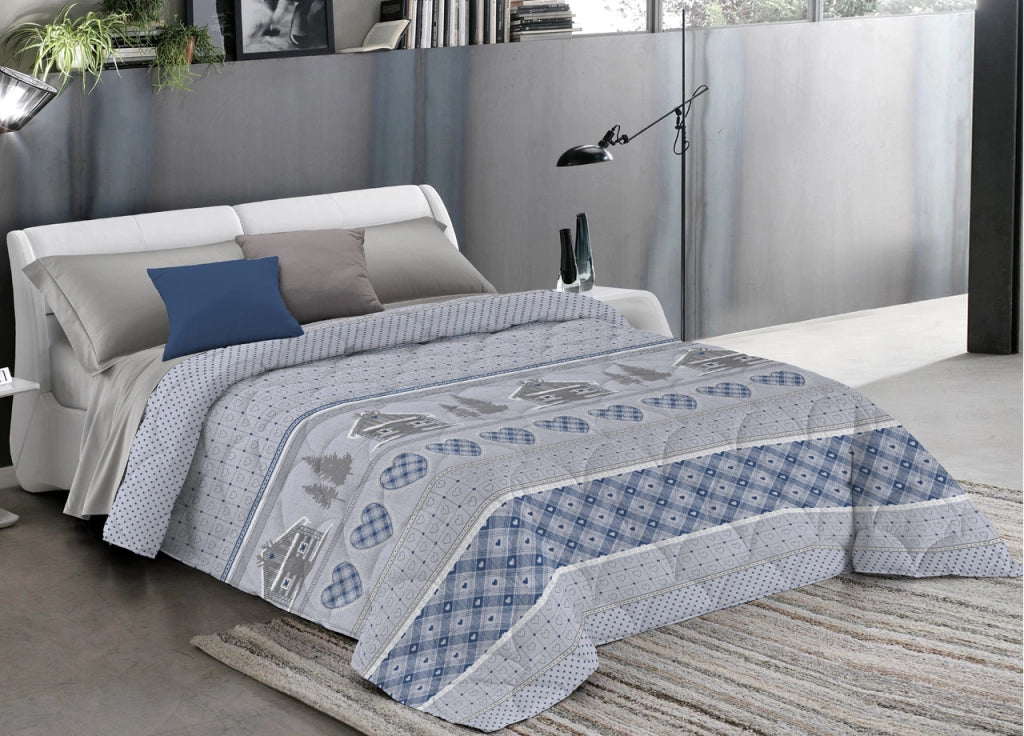 Trapunta Piumone Caldo Invernale Linea Pensieri Delicati Disegno Chalet - Matrimoniale - Blu