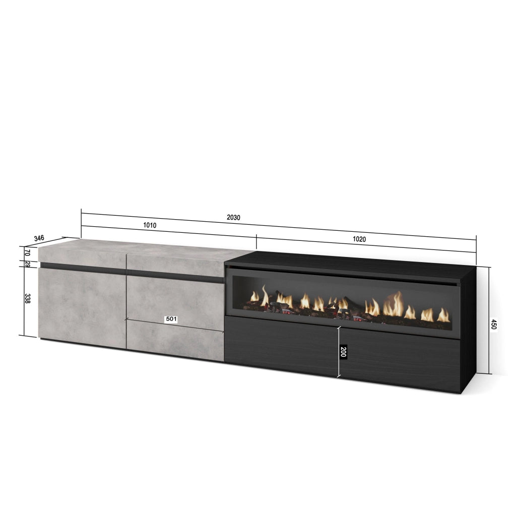 Mobile TV, 200x35x45cm, soggiorno, Per TV fino a 80", Camino elettrico, grigio cemento RF2247