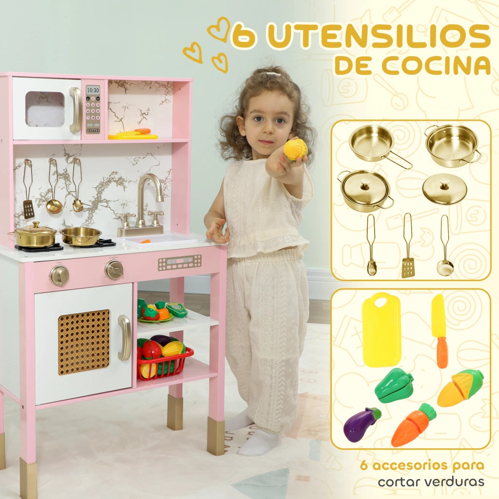 Cucina Giocattolo in Legno con Accessori Acciaio Inossidabile e Suono ¨C Minimal ¨C Rosa