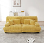 Divano modulare giallo in chenille con cuscini lombari e decorativi