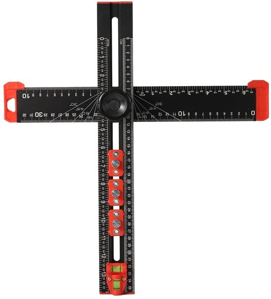 Posizionatore di foro 4-in-1 con alta precisione - scala regolabile a T 40 cm - lega di alluminio - attrezzo per lavorazione del legno - nero/rosso - livella