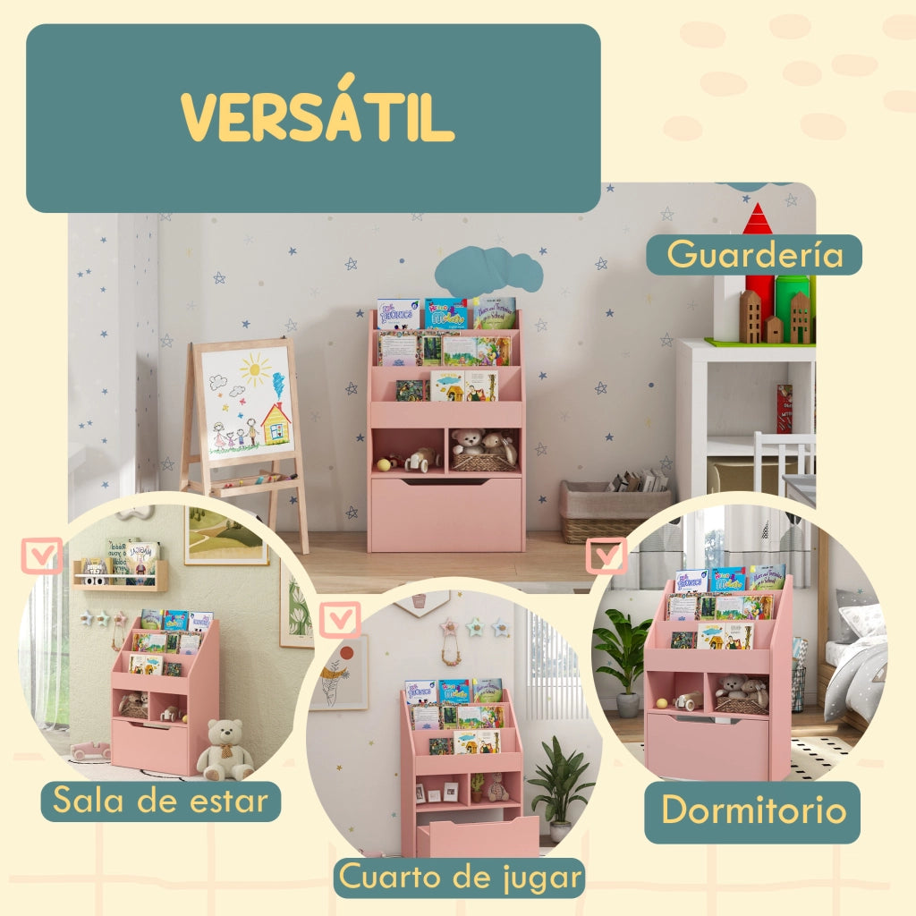 Libreria per Bambini con 3 Ripiani, 2 Cubi e Cassetto con Ruote ¨C Minimal ¨C Rosa 60x30x90 cm