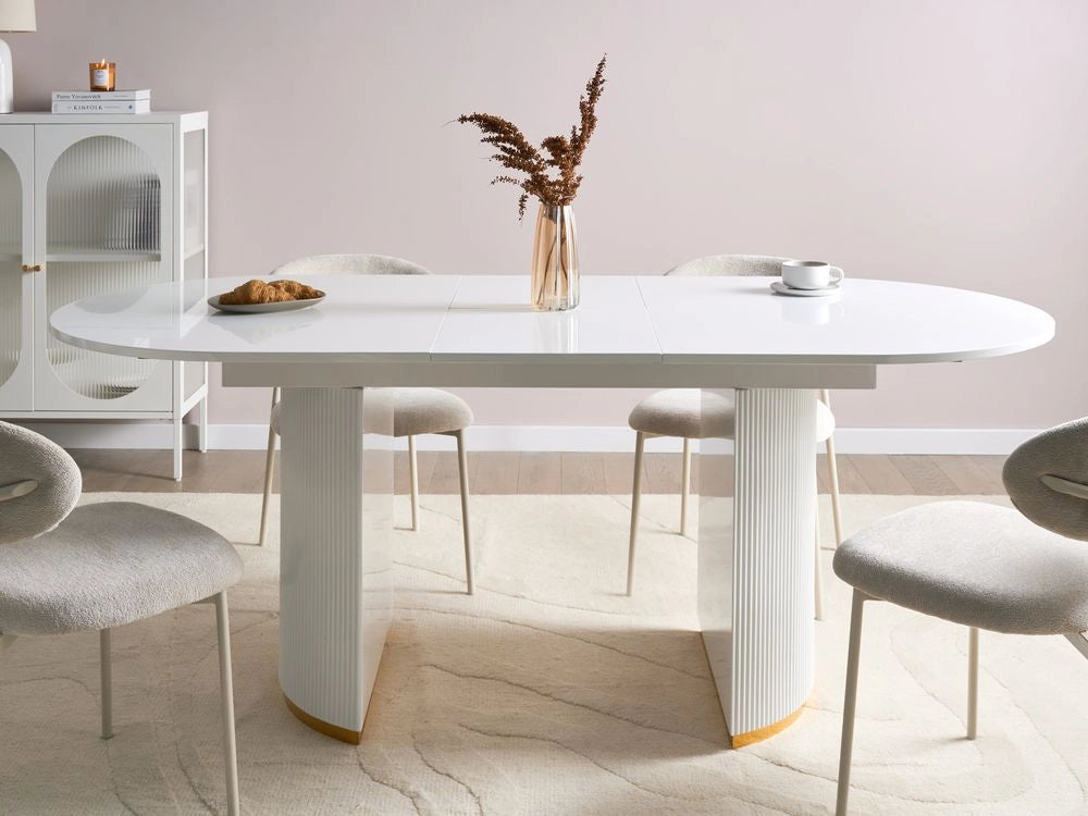 Tavolo da pranzo allungabile Bianco MDF lucido Piano del tavolo Meccanismo a foglia in stile glamour
