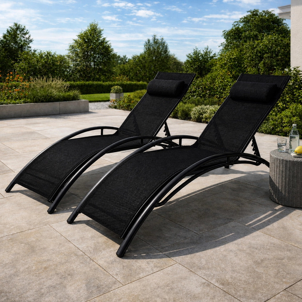 Set 2 Lettini Reclinabili Da Piscina Con Schienale Regolabile 5 Posizioni In Textilene Traspirante Per Giardino Terrazza Outdoor 59 x 158 x 81.5 Cm Nero