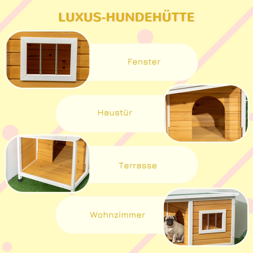 Cuccia per cani con veranda ¨C Xylo ¨C tetto apribile, finestra, legno naturale arancione 85,5x62x60cm