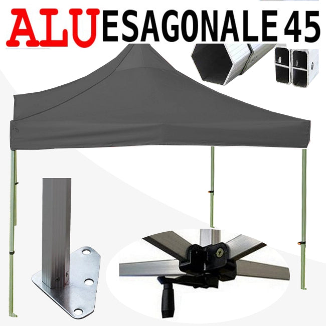 Gazebo 3x3 m nero SENZA laterali pieghevole alluminio piantone esagonale 45mm portatile estendibile richiudibile estensibile acciaio per fiere eventi stand chiosco tenda tendone mercato mercatino