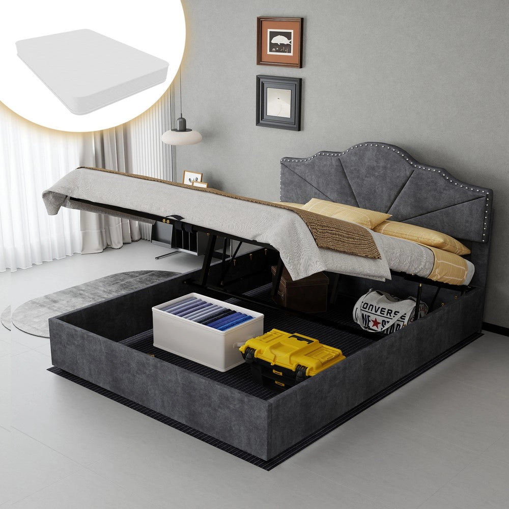 Letto Contenitore Imbottito ¨C MINIMAL ¨C Grigio, con Materasso, 140x200
